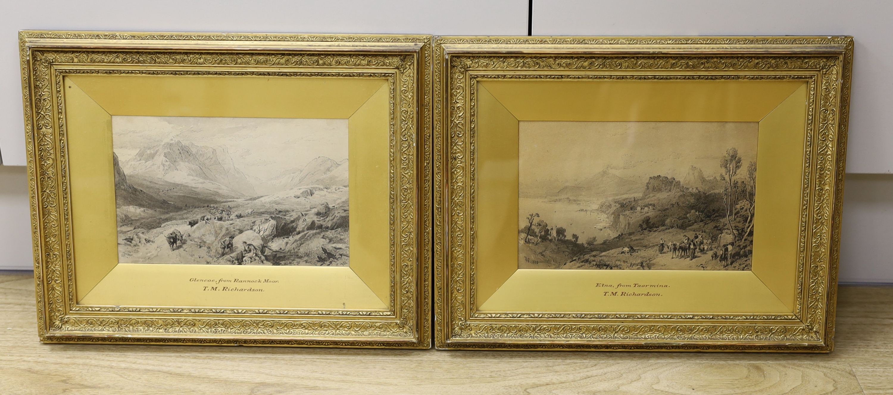 Thomas Miles Richardson (1813-1890), pair of ink and wash drawings, 'Etna from Taormina' and 'Glencoe from Ranoch Moor', initialled and dated 1884/85, 14 x 21cm